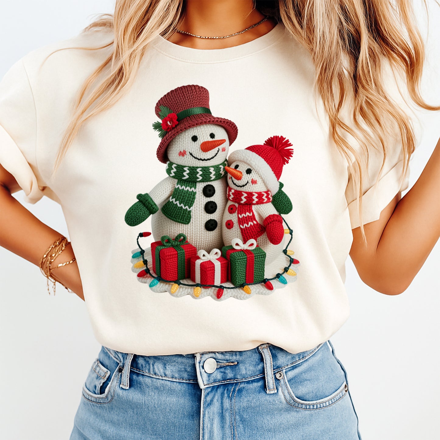 Christmas Yarn Crochet Snowman Family DTF Transfer – Ready to Press Iron On Heat Transfer for DIY Christmas Shirts 12287