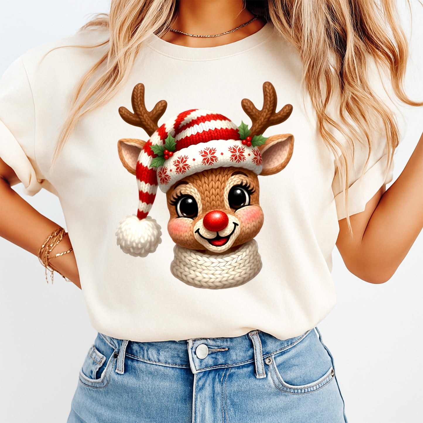 Christmas Yarn Crochet Reindeer Face DTF Transfer – Ready to Press Iron On Heat Transfer for DIY Christmas Shirts 12288