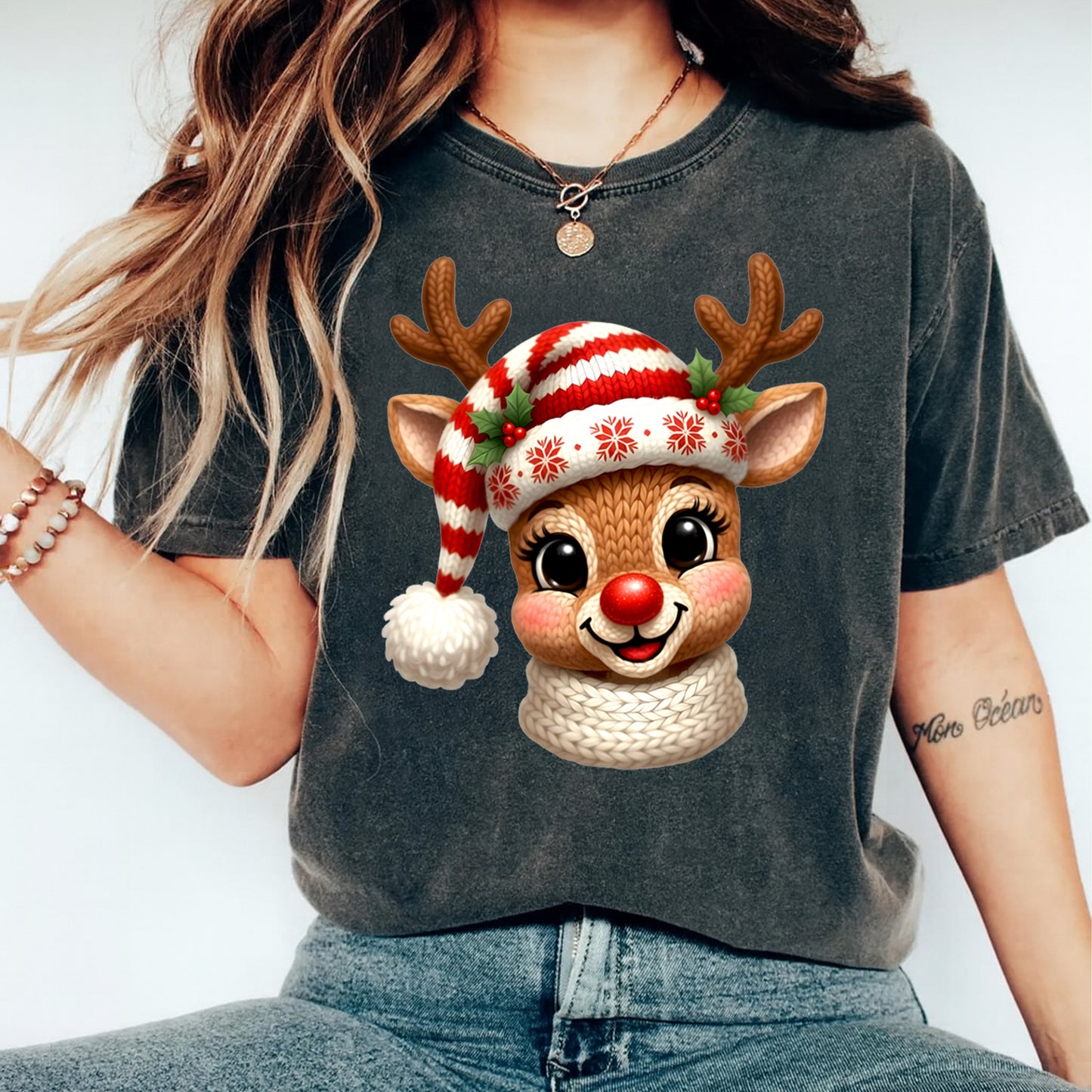 Christmas Yarn Crochet Reindeer Face DTF Transfer – Ready to Press Iron On Heat Transfer for DIY Christmas Shirts 12288