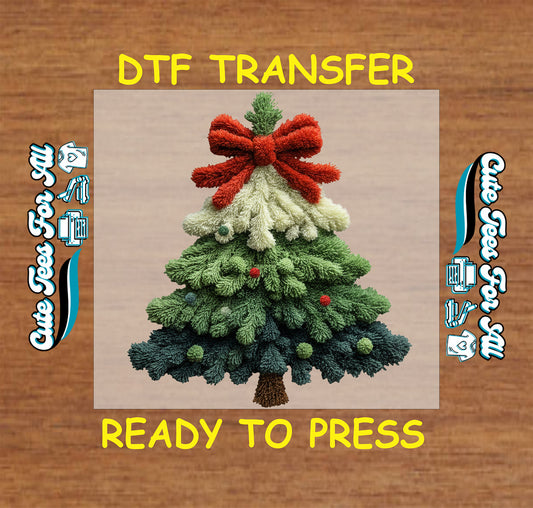 yarn crochet christmas tree red bow ready to press dtf transfer iron on heat transfer diy christmas shirts