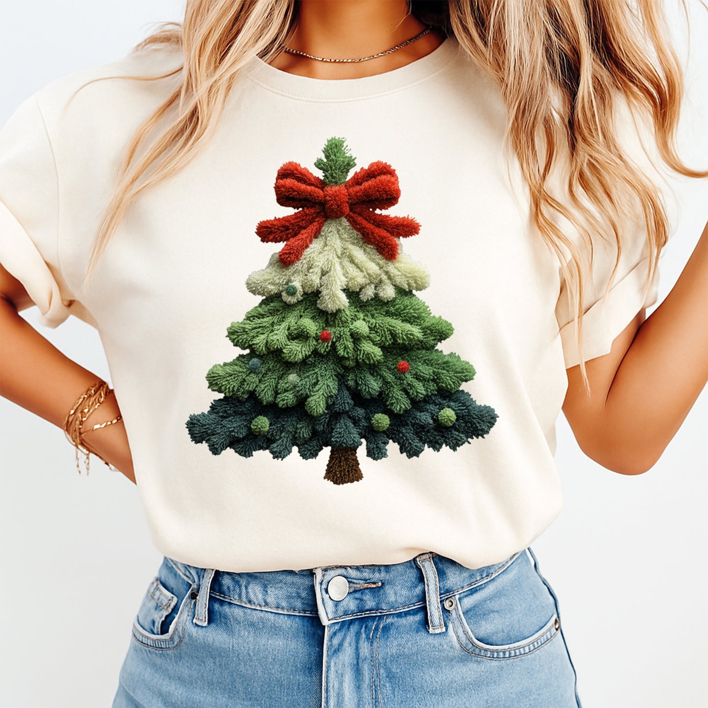 Christmas Yarn Crochet Tree with Red Bow DTF Transfer – Ready to Press Iron On Heat Transfer for DIY Christmas Shirts 12289