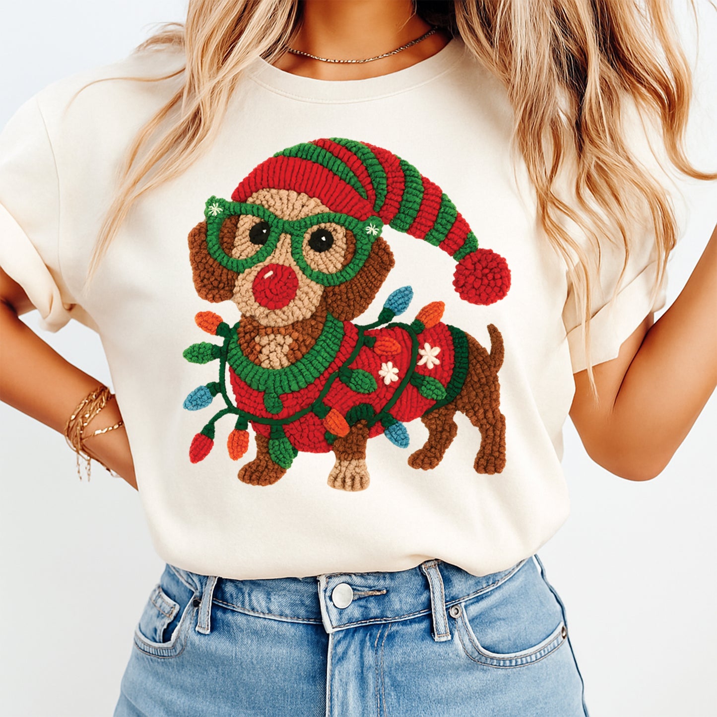 Christmas Yarn Crochet Dog with Lights DTF Transfer – Ready to Press Iron On Heat Transfer for DIY Christmas Shirts 12291