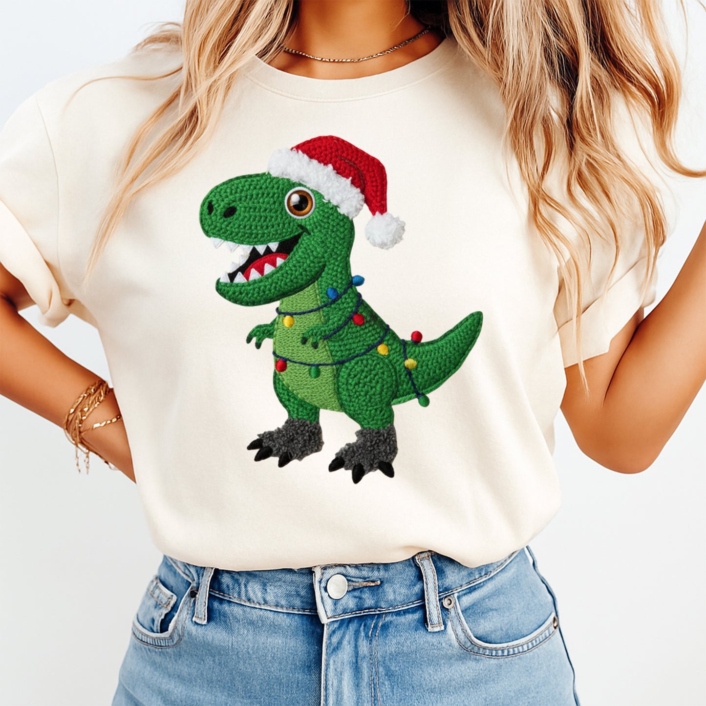 Christmas Yarn Crochet Dinosaur with Lights DTF Transfer – Ready to Press Iron On Heat Transfer for DIY Christmas Shirts 12292