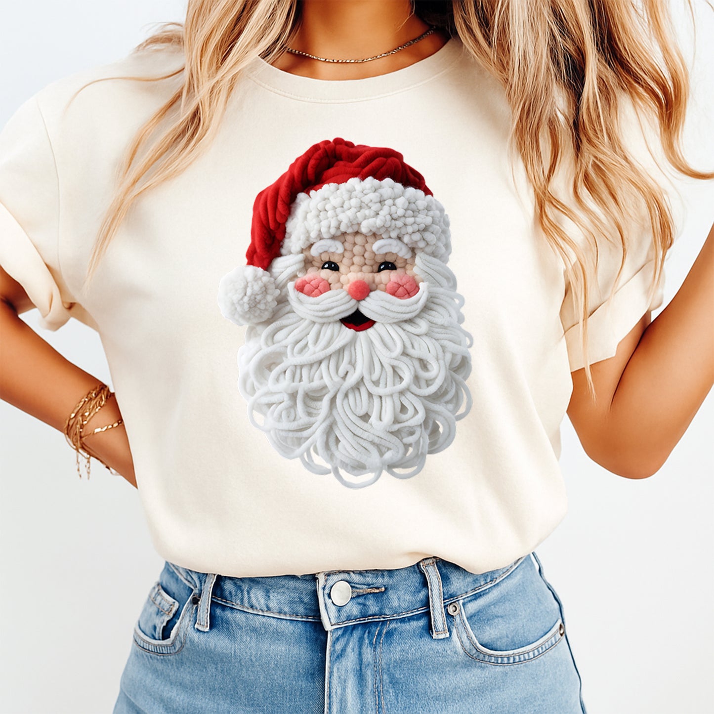 Christmas Yarn Crochet Santa Head DTF Transfer – Ready to Press Iron On Heat Transfer for DIY Christmas Shirts 12293