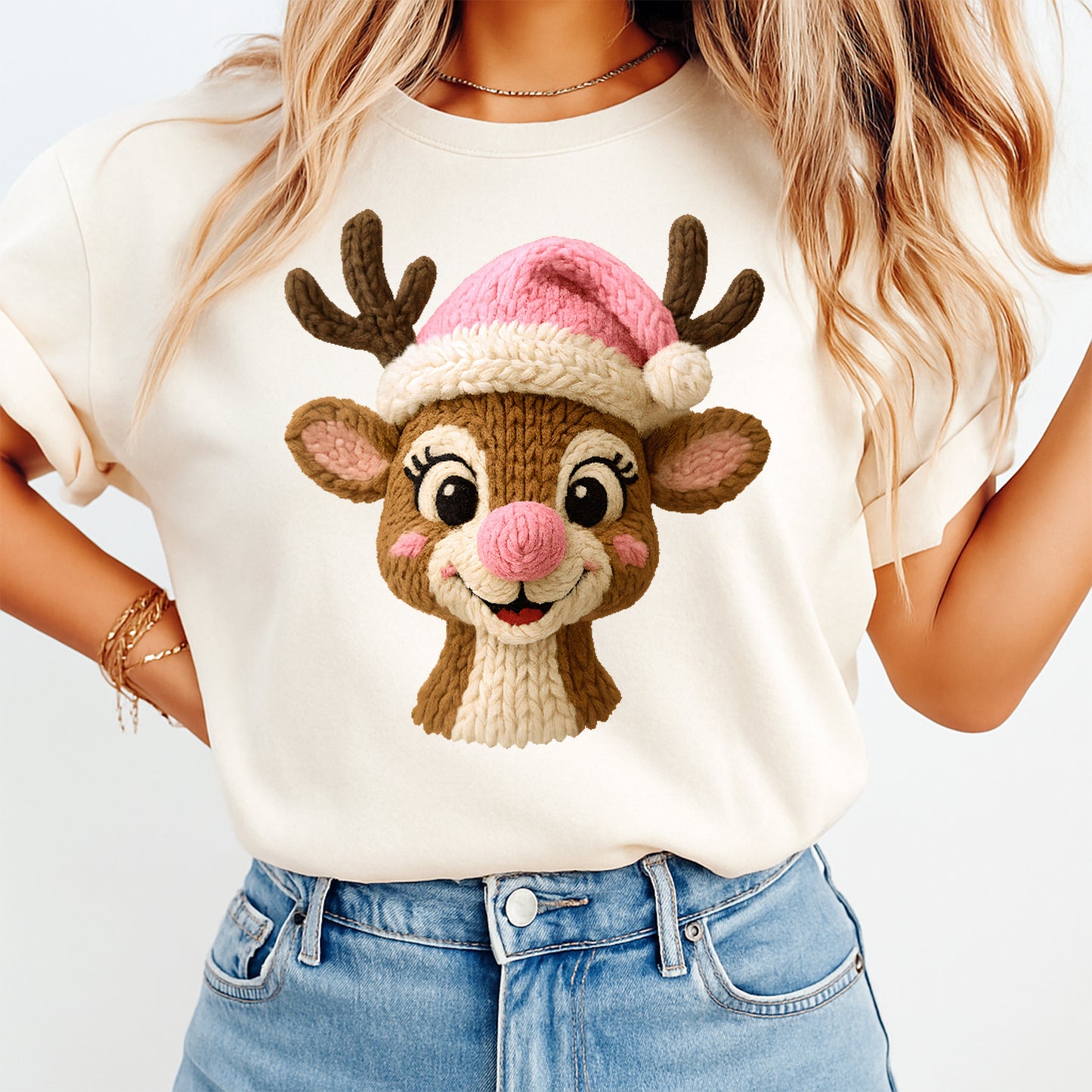 Christmas Yarn Crochet Reindeer Girl DTF Transfer – Ready to Press Iron On Heat Transfer for DIY Christmas Shirts 12294