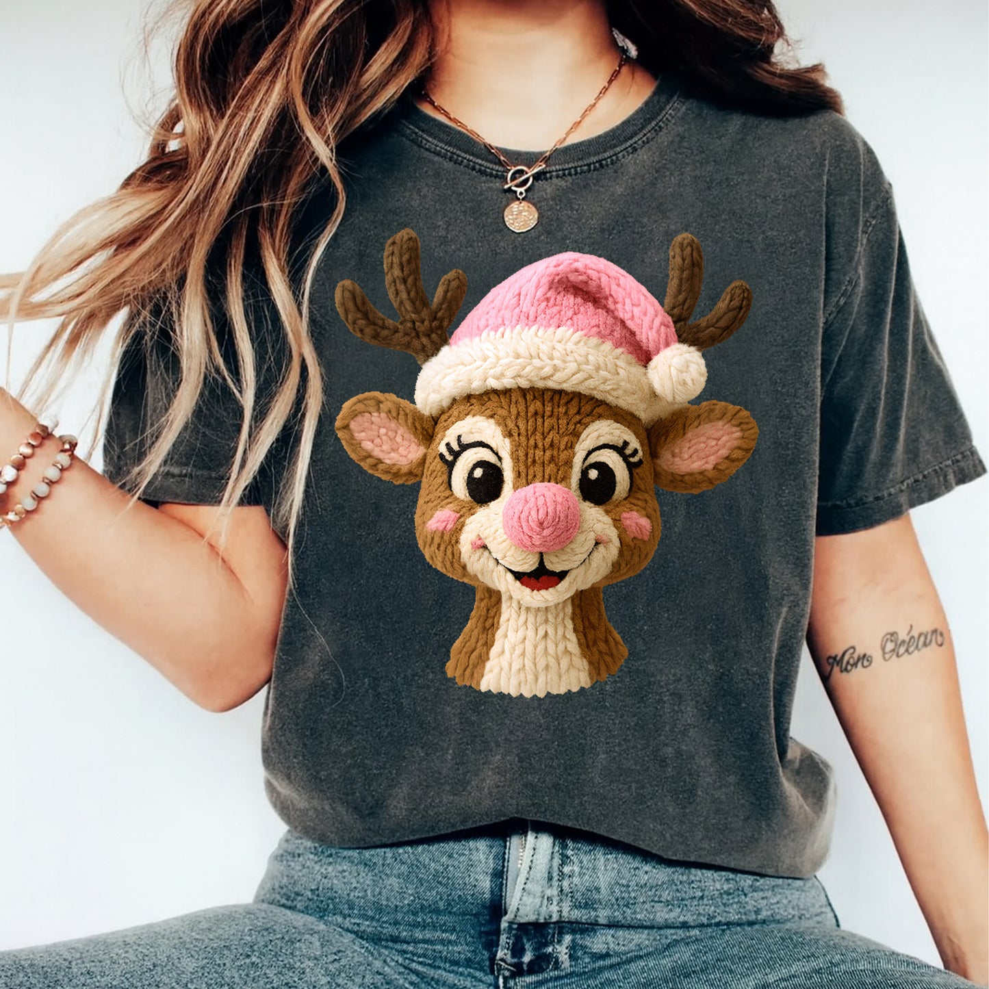 Christmas Yarn Crochet Reindeer Girl DTF Transfer – Ready to Press Iron On Heat Transfer for DIY Christmas Shirts 12294