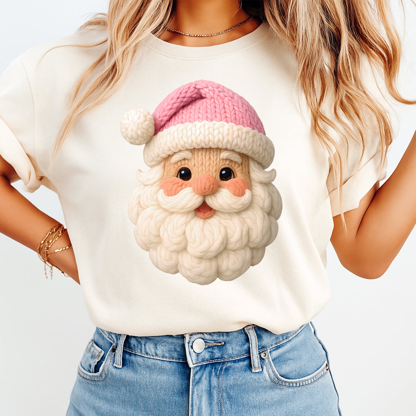Christmas Yarn Crochet Pink Santa Head DTF Transfer – Ready to Press Iron On Heat Transfer for DIY Christmas Shirts 12295
