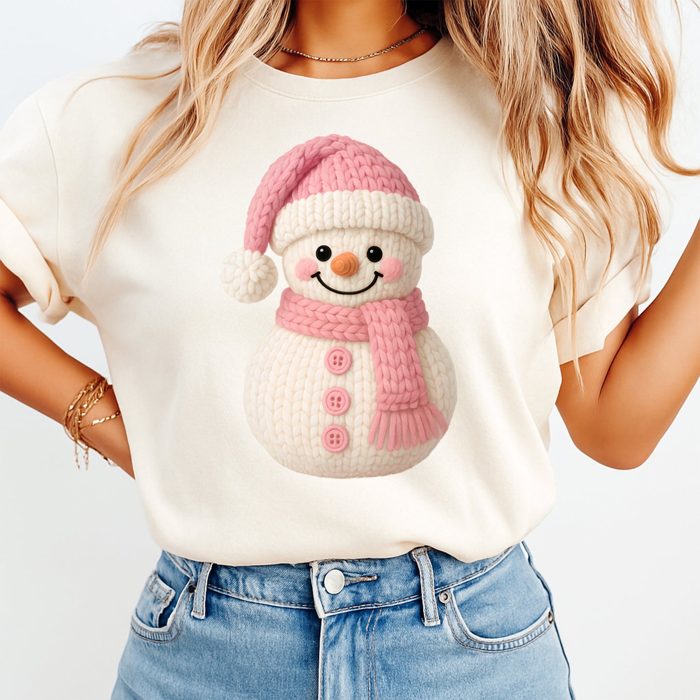 Christmas Yarn Crochet Pink Snowman DTF Transfer – Ready to Press Iron On Heat Transfer for DIY Christmas Shirts 12296