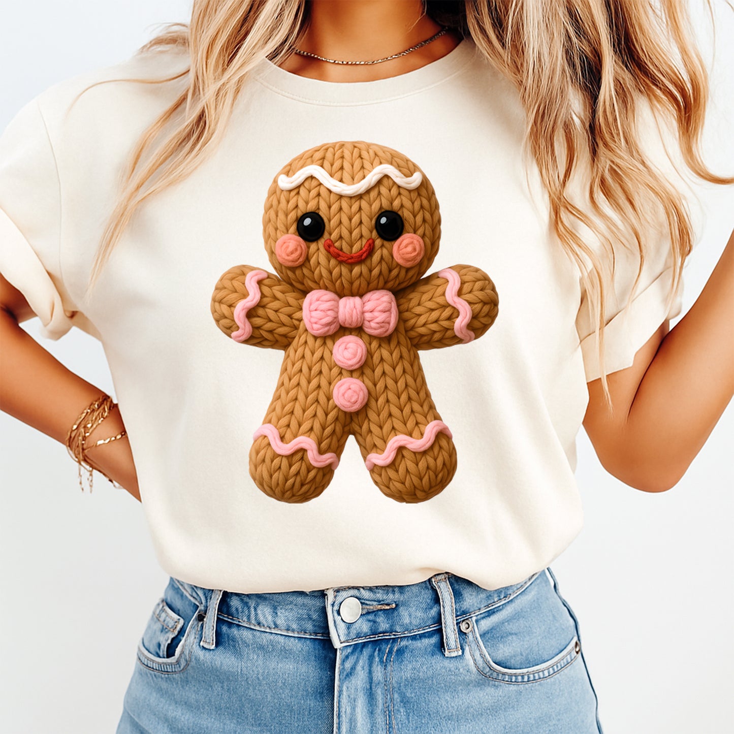 Christmas Yarn Crochet Gingerbread Girl DTF Transfer – Ready to Press Iron On Heat Transfer for DIY Christmas Shirts 12297