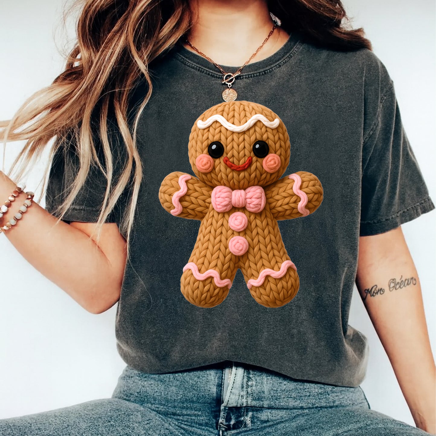 Christmas Yarn Crochet Gingerbread Girl DTF Transfer – Ready to Press Iron On Heat Transfer for DIY Christmas Shirts 12297