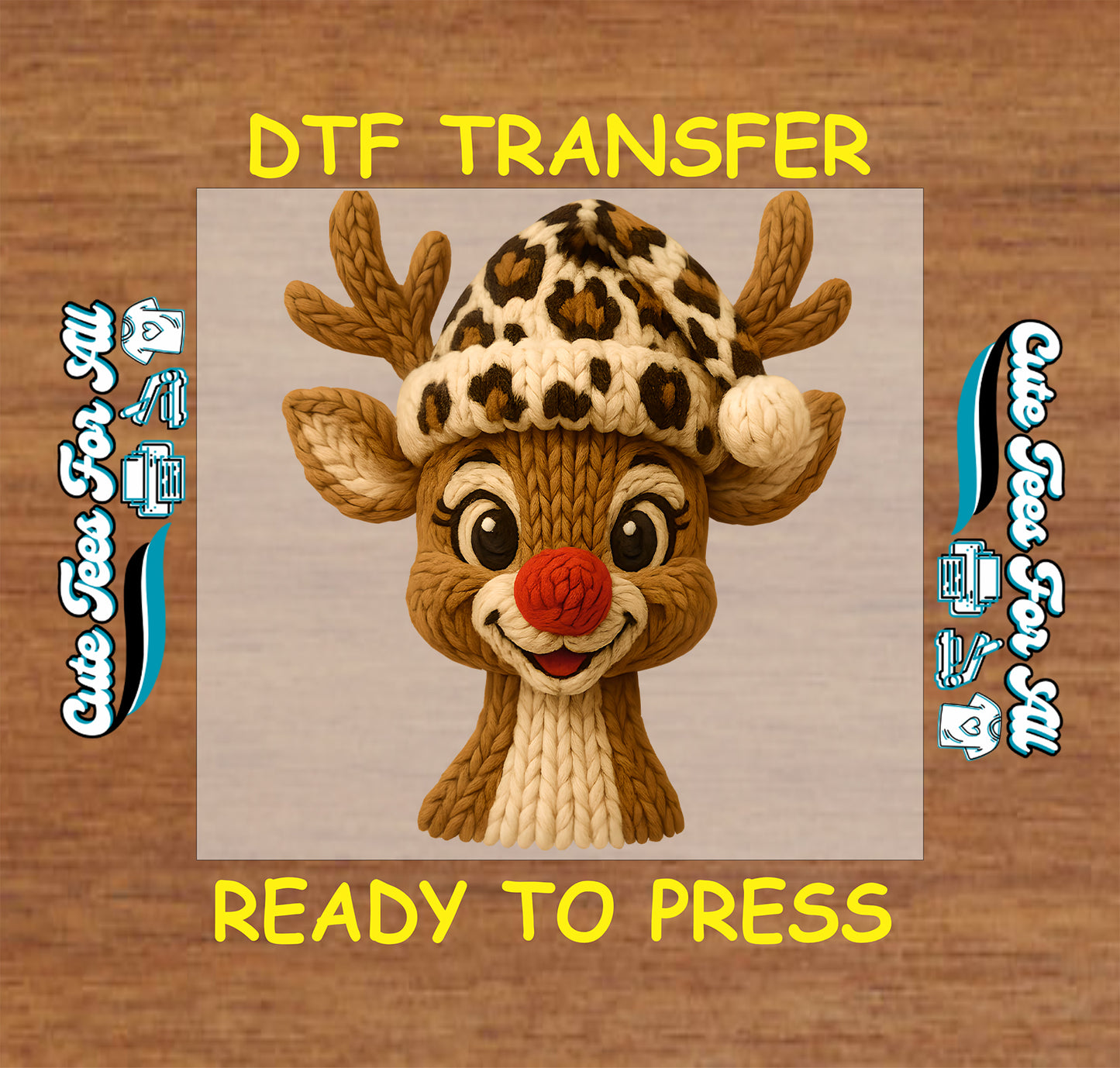 yarn knit christmas reindeer with leopard winter hat ready to press dtf iron on heat transfer
