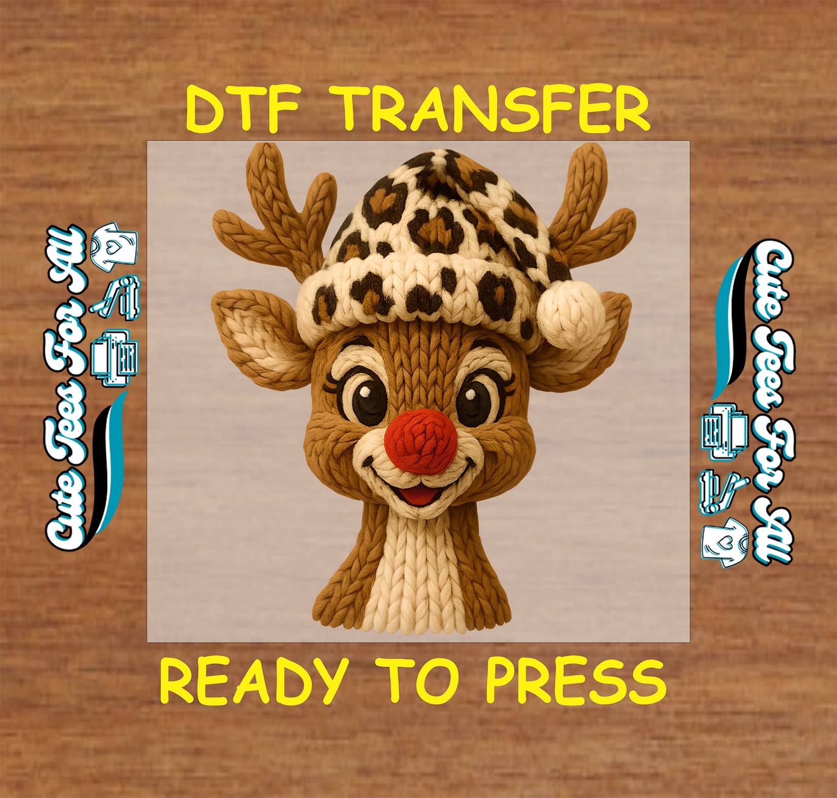 yarn knit christmas reindeer with leopard winter hat ready to press dtf iron on heat transfer