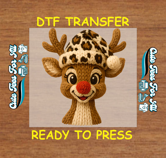 yarn knit christmas reindeer with leopard winter hat ready to press dtf iron on heat transfer