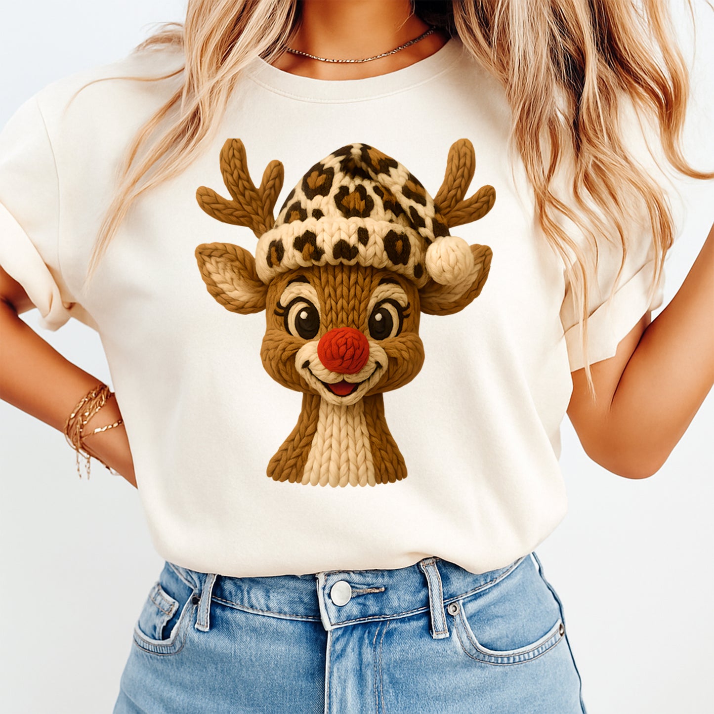 Christmas Reindeer Yarn Knit DTF Transfer – Ready to Press Iron On Heat Transfer for DIY Christmas Shirts 12299