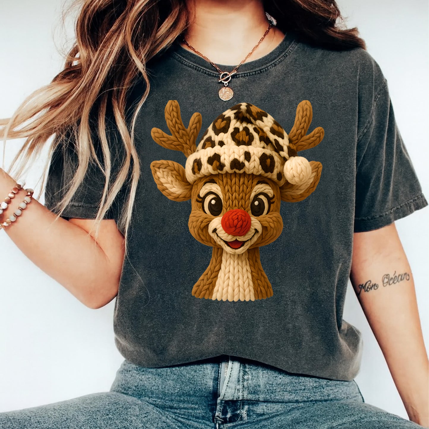 Christmas Reindeer Yarn Knit DTF Transfer – Ready to Press Iron On Heat Transfer for DIY Christmas Shirts 12299