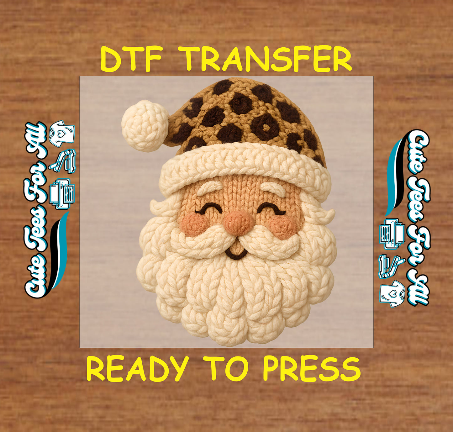 crochet yarn santa face with leopard christmas hat ready to press dtf iron on heat transfer