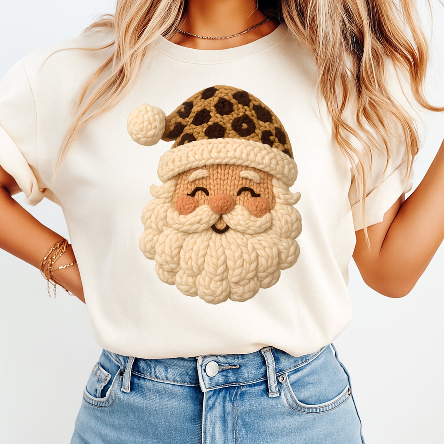 Christmas Santa Yarn DTF Transfer – Leopard Crochet Face Ready to Press Iron On Heat Transfer for DIY Christmas Shirts 12300