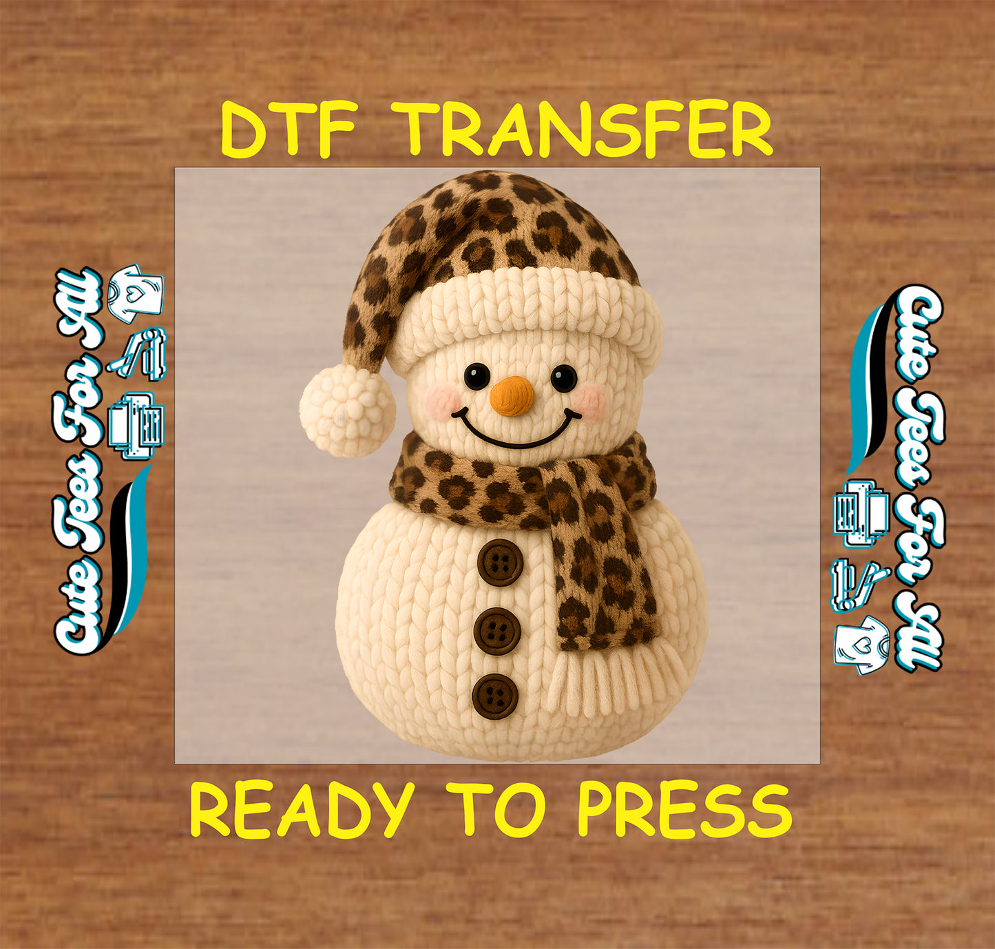 crochet yarn snowman with leopard hat and scarf christmas ready to press dtf iron on heat transfer
