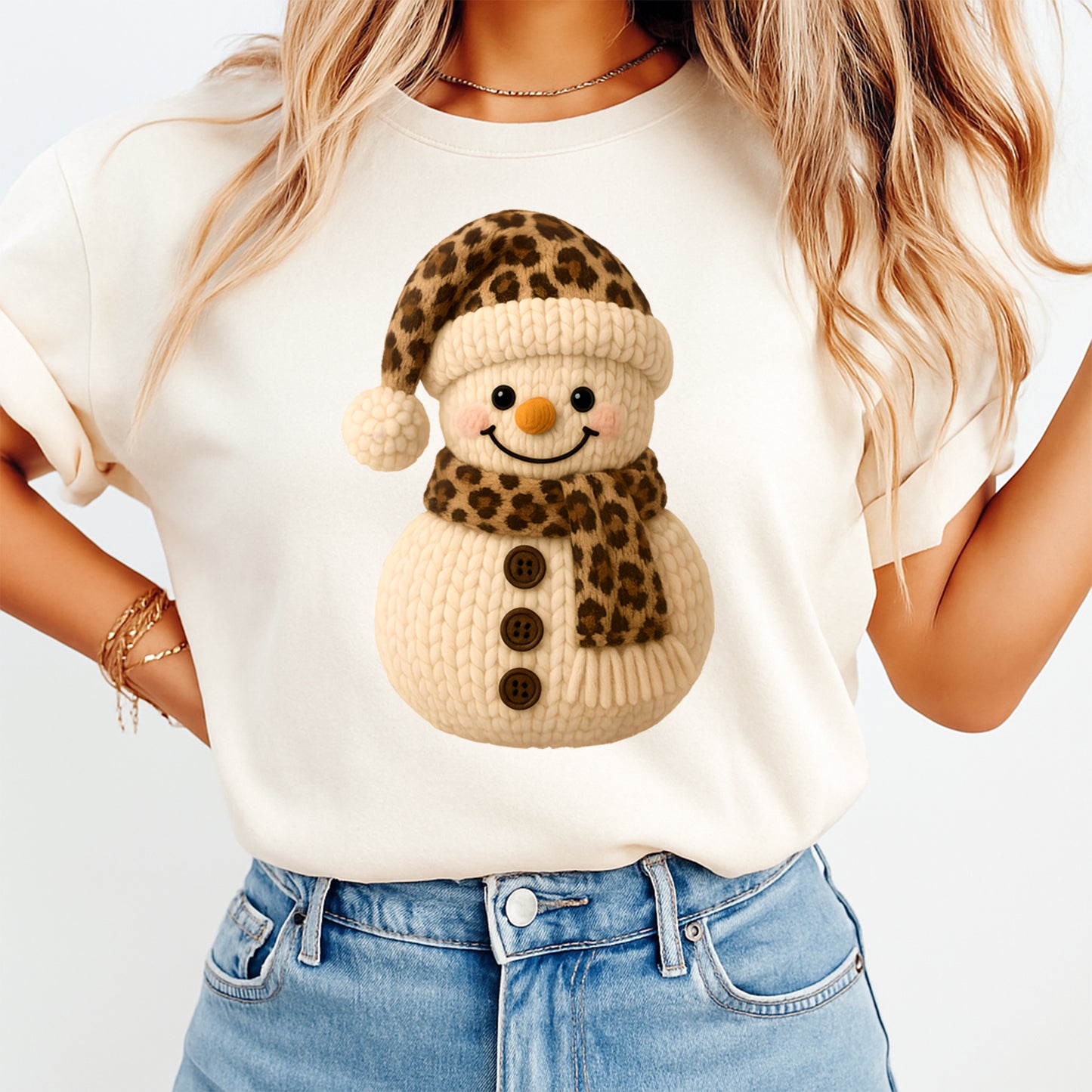 Christmas Snowman Yarn DTF Transfer – Leopard Crochet Winter Face Ready to Press Iron On Heat Transfer for DIY Christmas Shirts 12301