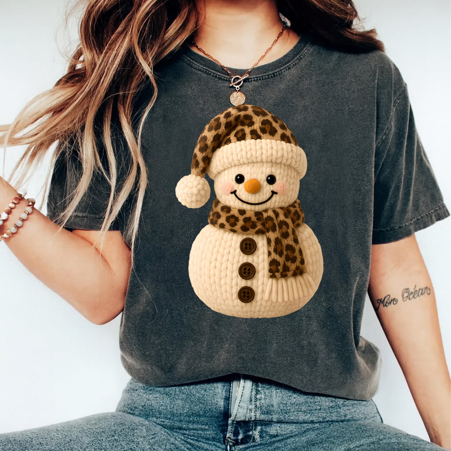 Christmas Snowman Yarn DTF Transfer – Leopard Crochet Winter Face Ready to Press Iron On Heat Transfer for DIY Christmas Shirts 12301