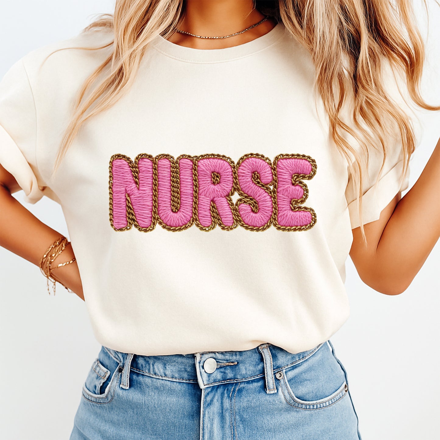 Nurse Yarn Text DTF Transfer – Pink Crochet Letters Ready to Press Iron On Heat Transfer for DIY Nurse Shirts 12302