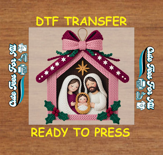 Christmas nativity yarn crochet ready to press dtf transfer with holy family stable and bow iron on heat transfer