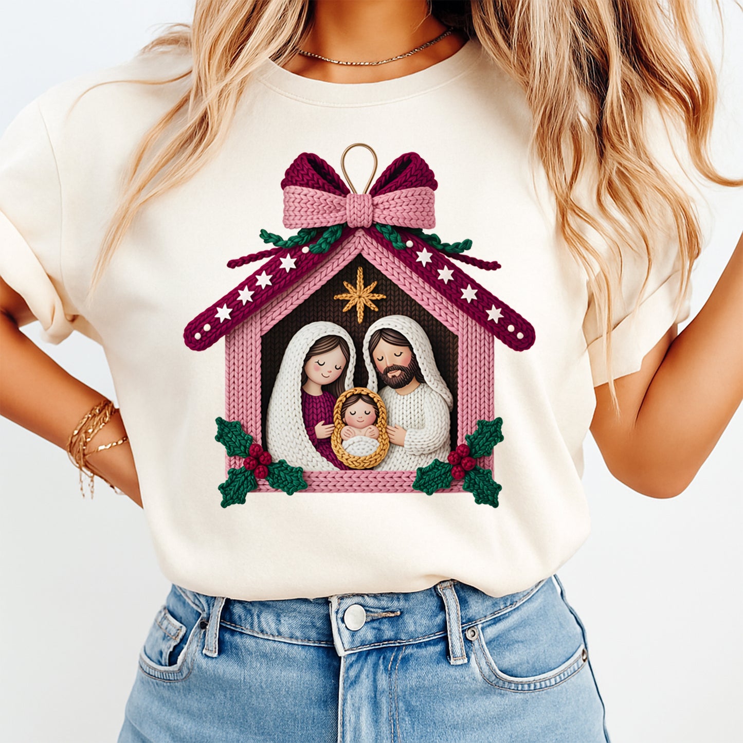 Christmas Nativity Yarn Crochet DTF Transfer – Ready to Press Iron On Heat Transfer for DIY Christmas Shirts 12303