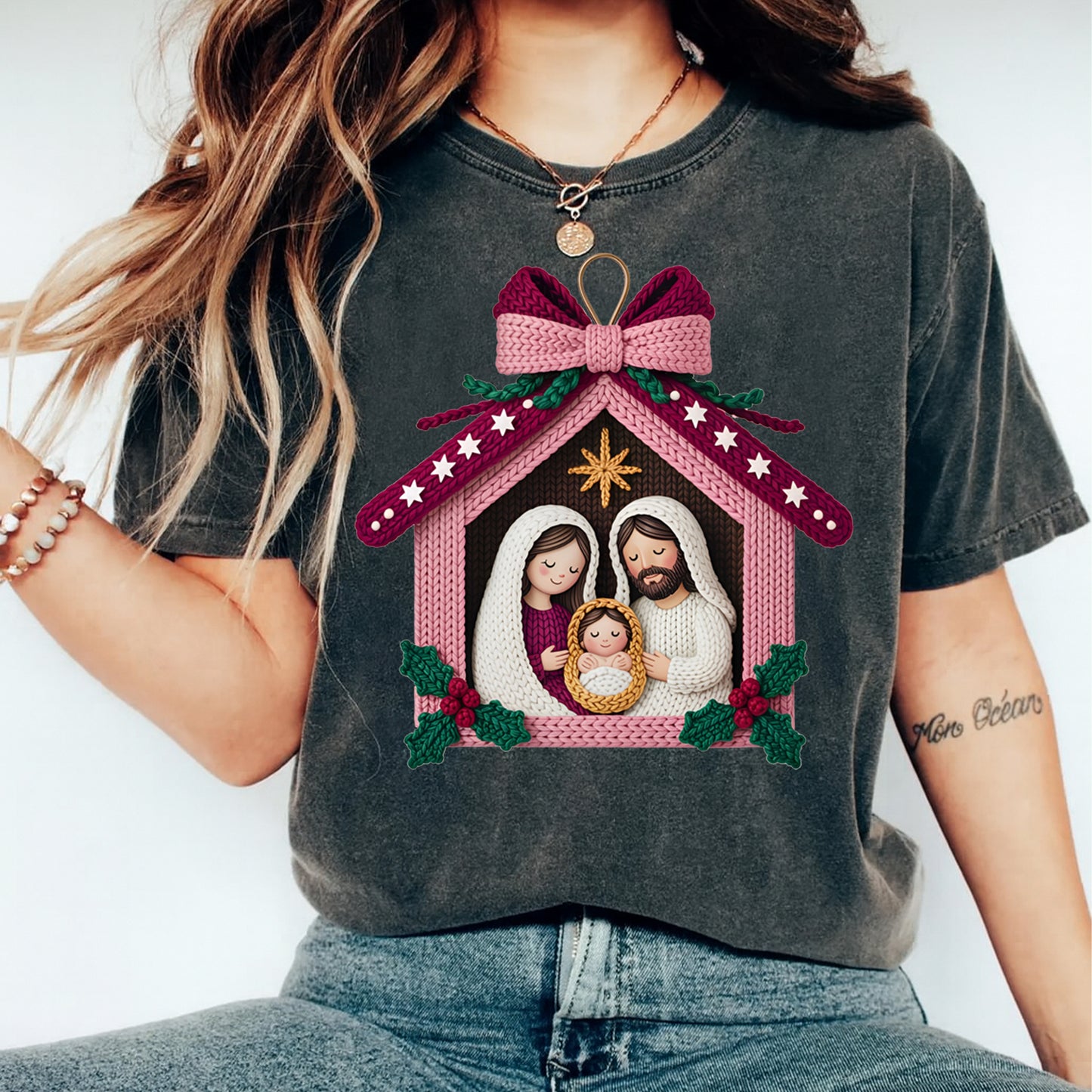 Christmas Nativity Yarn Crochet DTF Transfer – Ready to Press Iron On Heat Transfer for DIY Christmas Shirts 12303