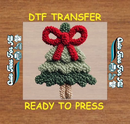 christmas yarn crochet tree with red bow ready to press dtf iron on heat transfer