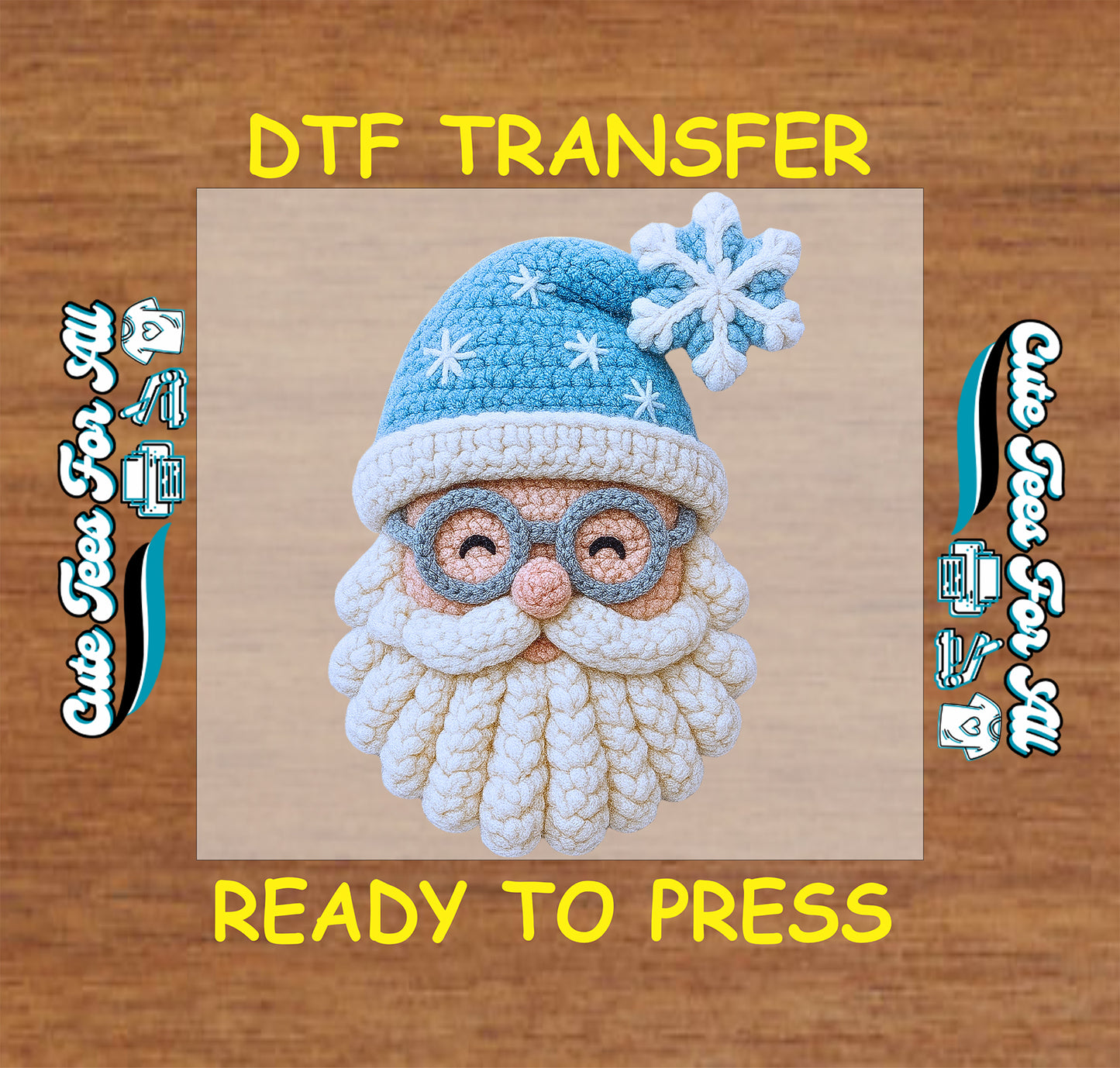 blue yarn crochet santa ready to press dtf iron on heat transfer christmas print