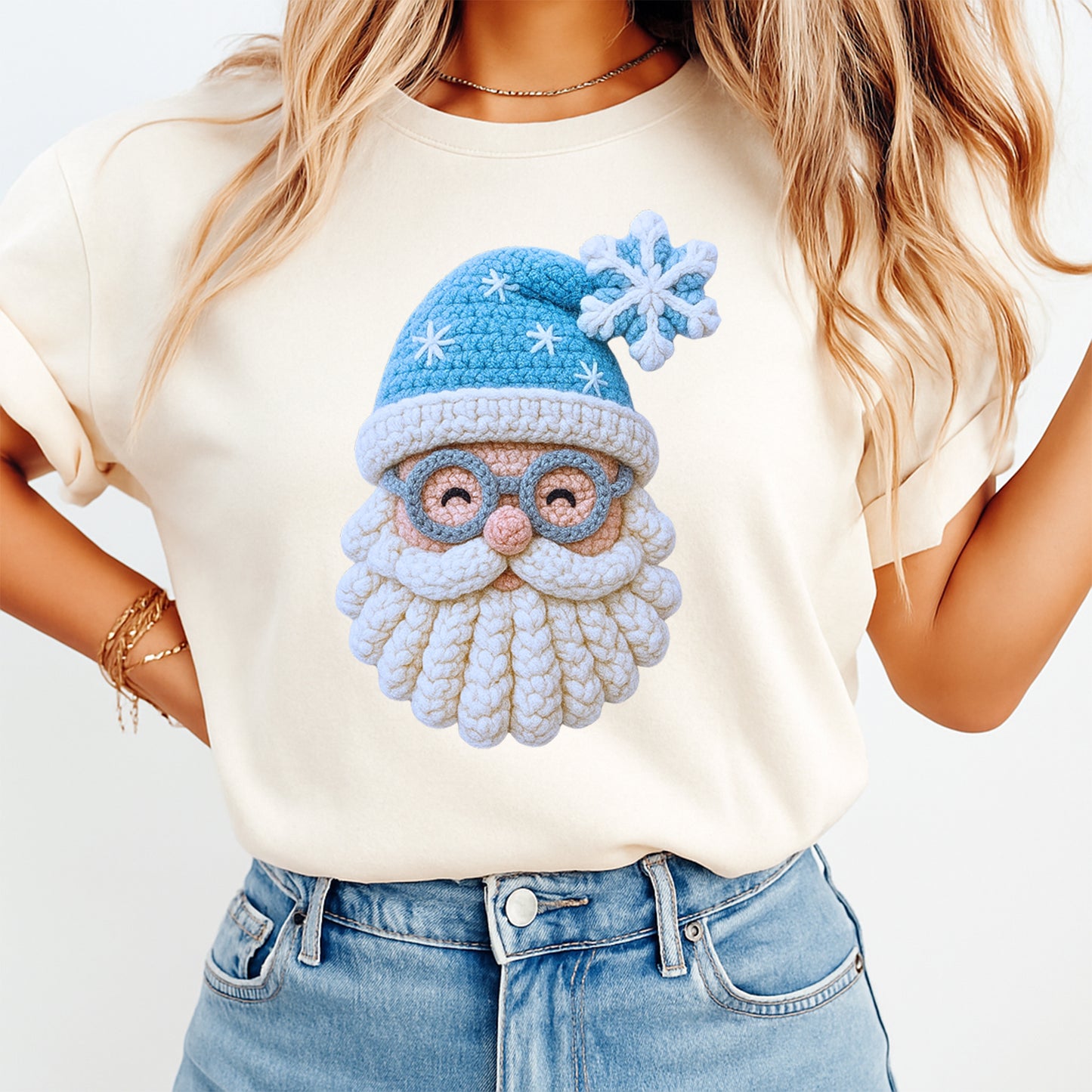 Christmas Blue Yarn Crochet Santa DTF Transfer – Ready to Press Iron On Heat Transfer for DIY Christmas Shirts 12305