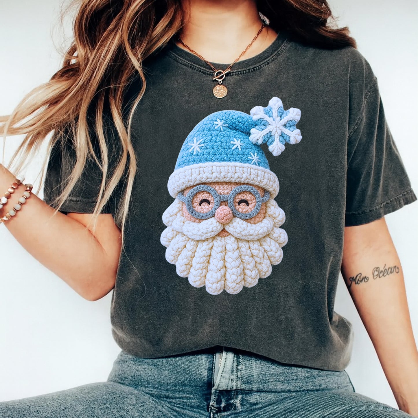 Christmas Blue Yarn Crochet Santa DTF Transfer – Ready to Press Iron On Heat Transfer for DIY Christmas Shirts 12305