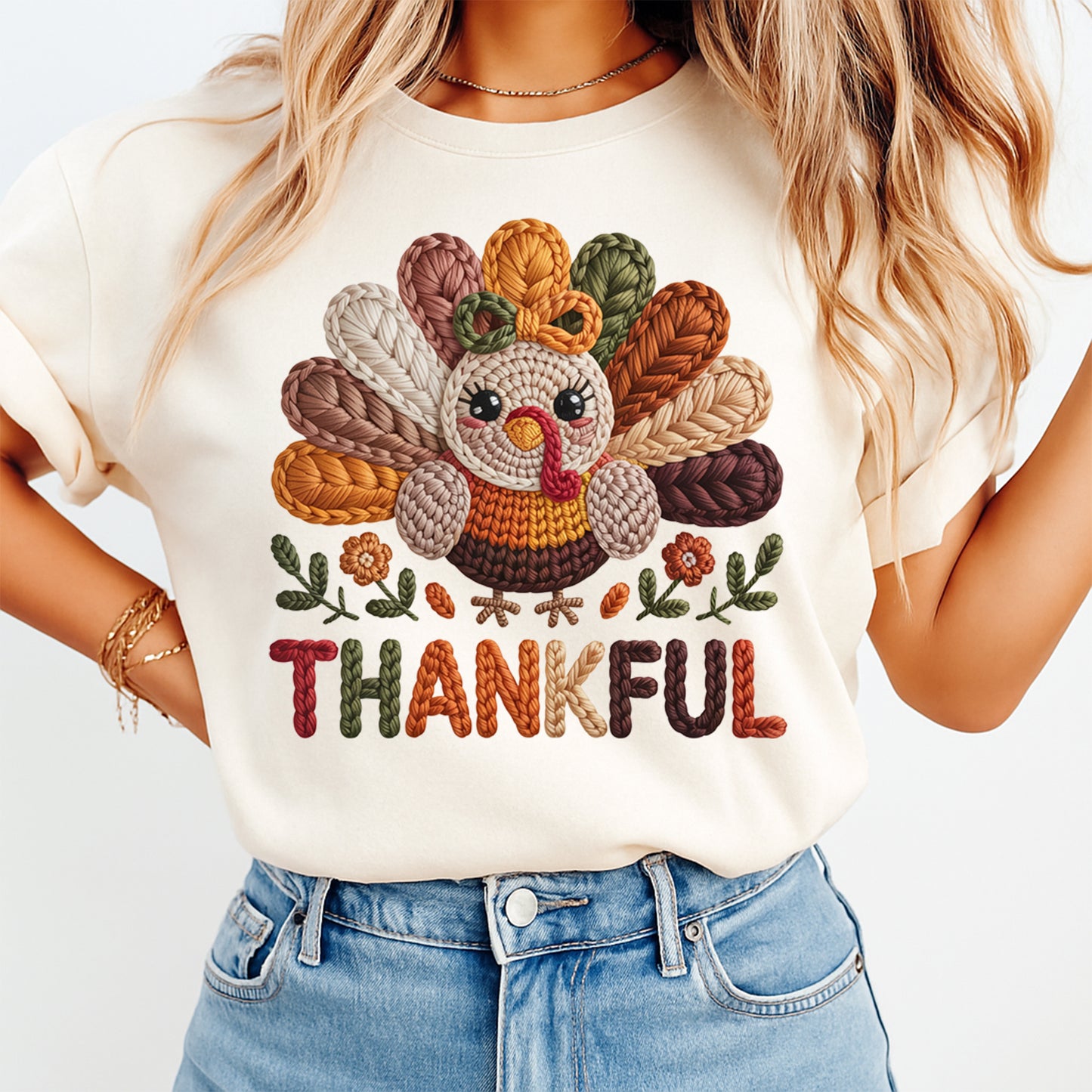 Thanksgiving Yarn Crochet Thankful Turkey DTF Transfer – Ready to Press Iron On Heat Transfer for DIY Thanksgiving Shirts 12306