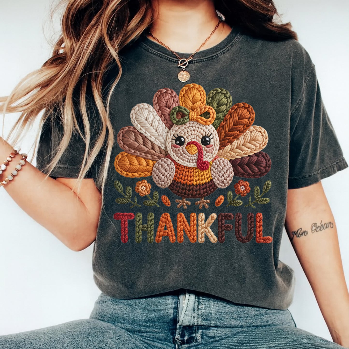 Thanksgiving Yarn Crochet Thankful Turkey DTF Transfer – Ready to Press Iron On Heat Transfer for DIY Thanksgiving Shirts 12306