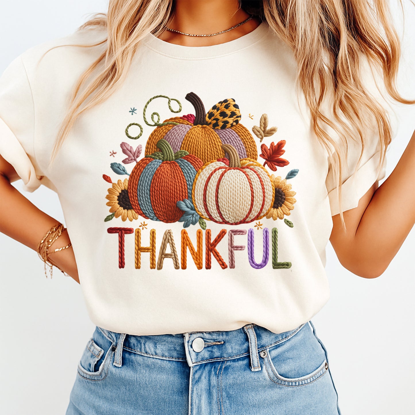 Thanksgiving Yarn Crochet Thankful Pumpkins DTF Transfer – Ready to Press Iron On Heat Transfer for DIY Fall Thanksgiving Shirts 12307