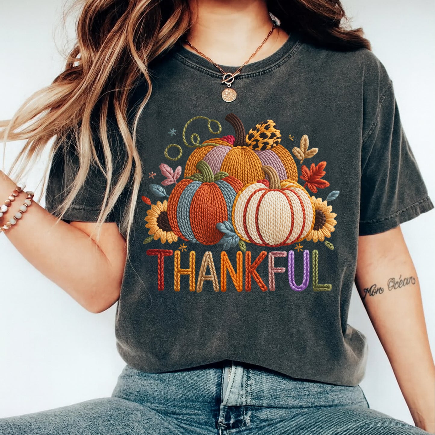 Thanksgiving Yarn Crochet Thankful Pumpkins DTF Transfer – Ready to Press Iron On Heat Transfer for DIY Fall Thanksgiving Shirts 12307