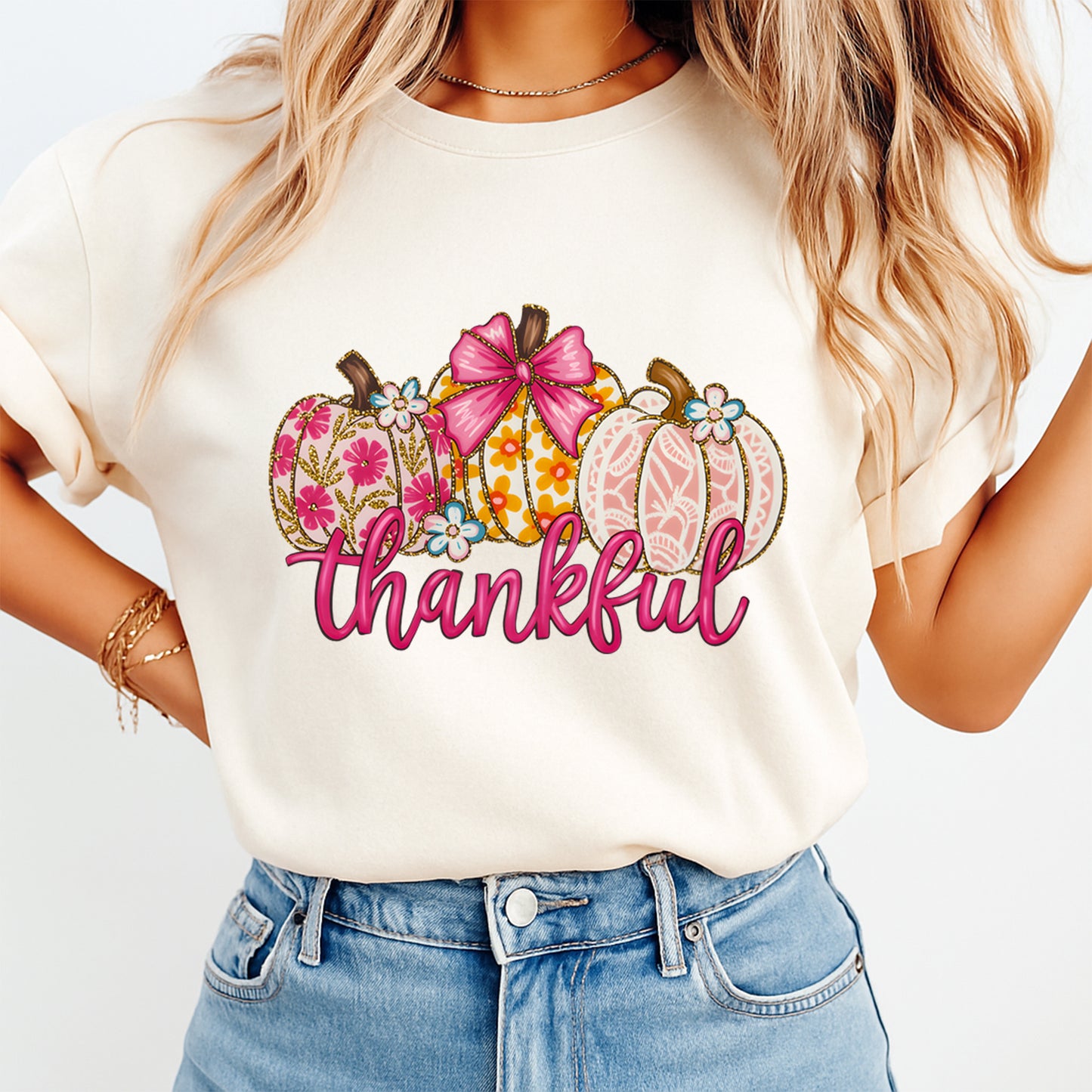 Thanksgiving Girly Thankful Floral Pumpkins DTF Transfer – Ready to Press Iron On Heat Transfer for DIY Fall Thanksgiving Shirts 12310