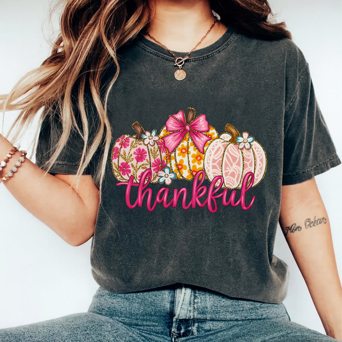 Thanksgiving Girly Thankful Floral Pumpkins DTF Transfer – Ready to Press Iron On Heat Transfer for DIY Fall Thanksgiving Shirts 12310