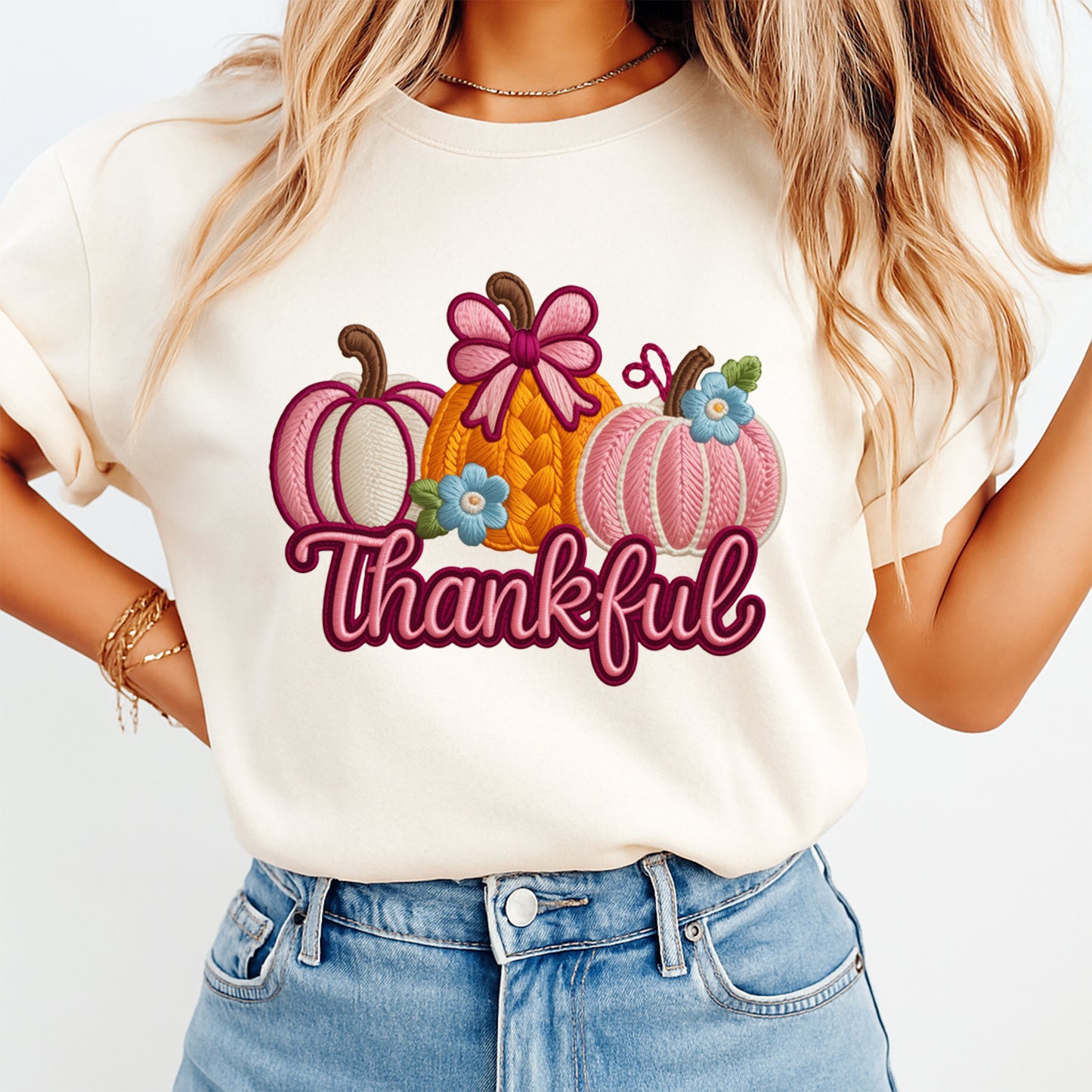 Thanksgiving Girly Thankful Yarn Crochet Pumpkins DTF Transfer – Ready to Press Iron On Heat Transfer for DIY Fall Thanksgiving Shirts 12312