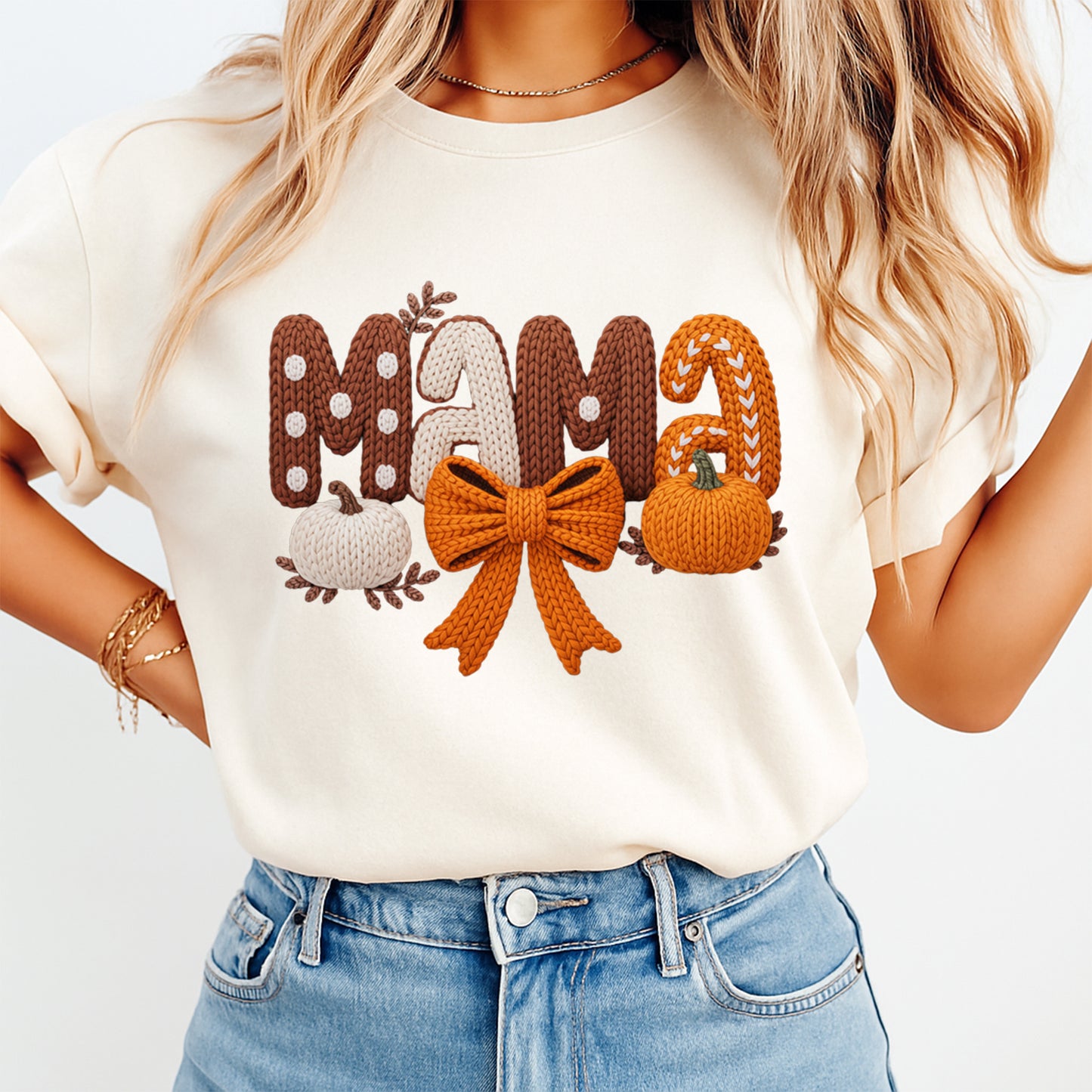 Fall Girly Mama Yarn Crochet Pumpkins DTF Transfer – Ready to Press Iron On Heat Transfer for DIY Thanksgiving Shirts 12313
