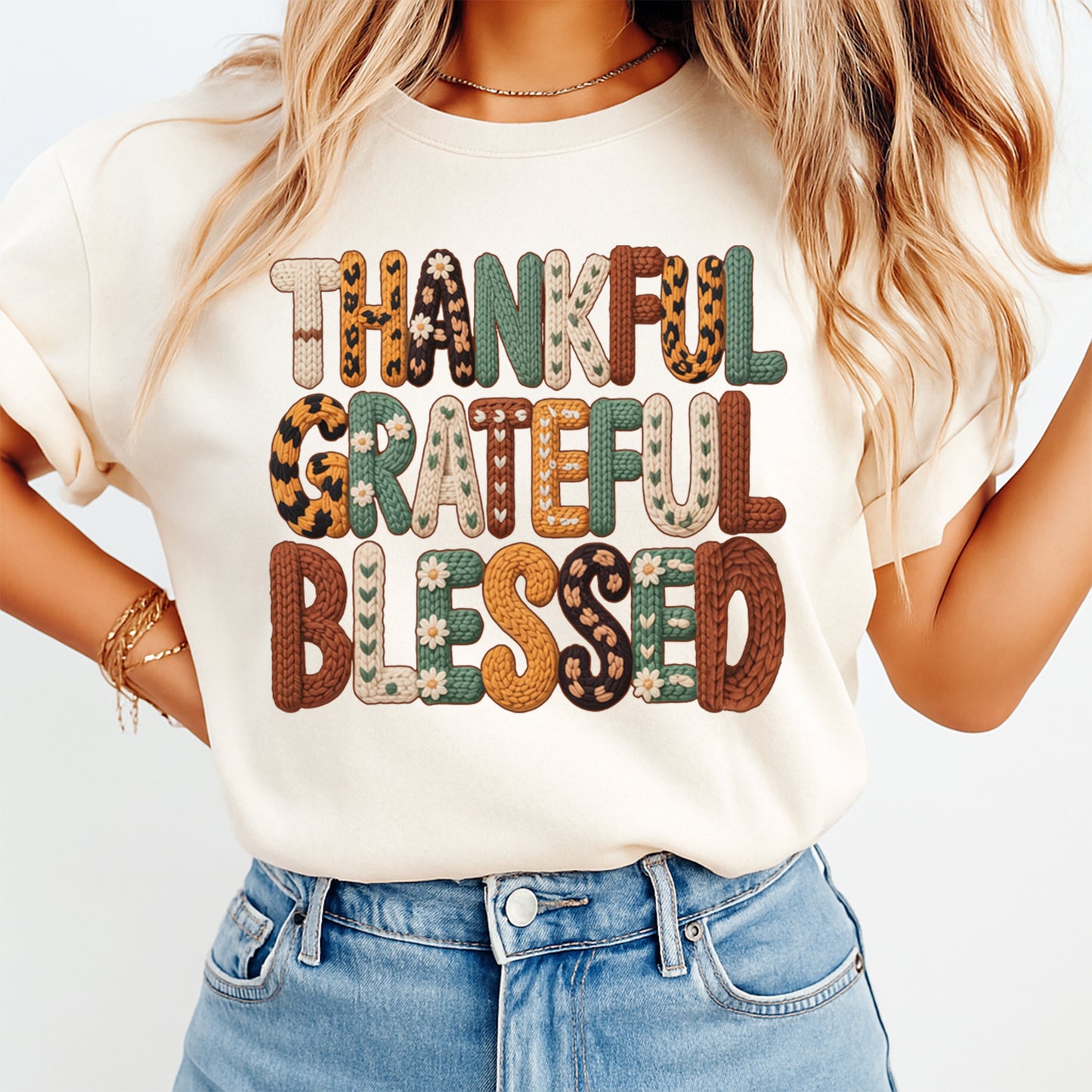 Fall Thankful Grateful Blessed Yarn Crochet DTF Transfer – Ready to Press Iron On Heat Transfer for DIY Thanksgiving Shirts 12314
