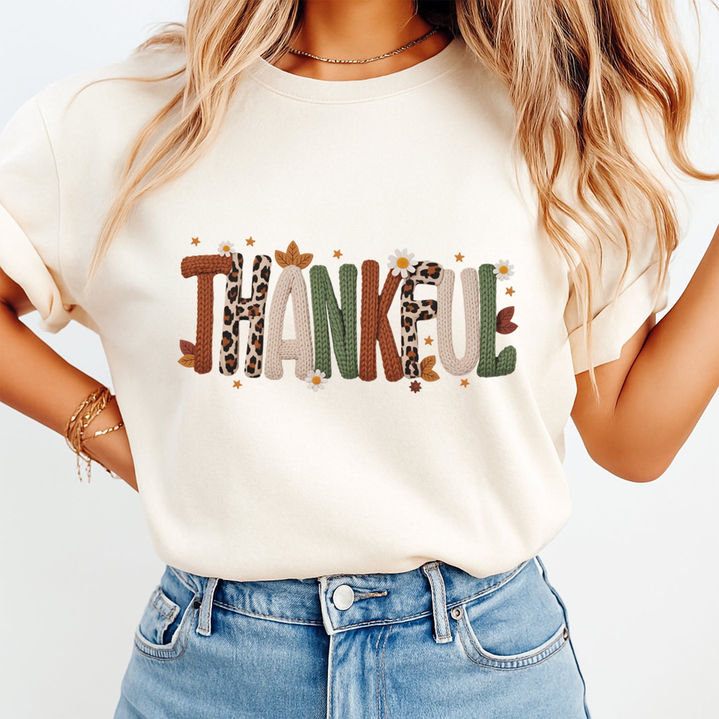 Fall Thankful Yarn Crochet Text DTF Transfer – Ready to Press Iron On Heat Transfer for DIY Thanksgiving Shirts 12315