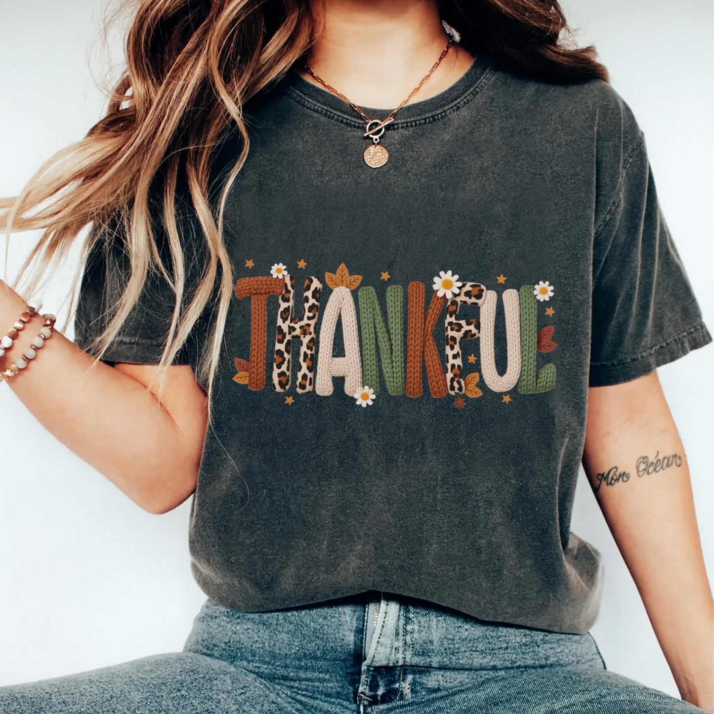Fall Thankful Yarn Crochet Text DTF Transfer – Ready to Press Iron On Heat Transfer for DIY Thanksgiving Shirts 12315