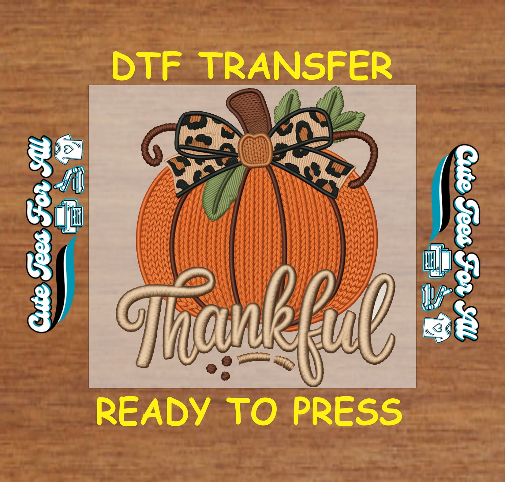 thankful girly yarn crochet pumpkin with leopard bow ready to press dtf iron on thanksgiving transfer