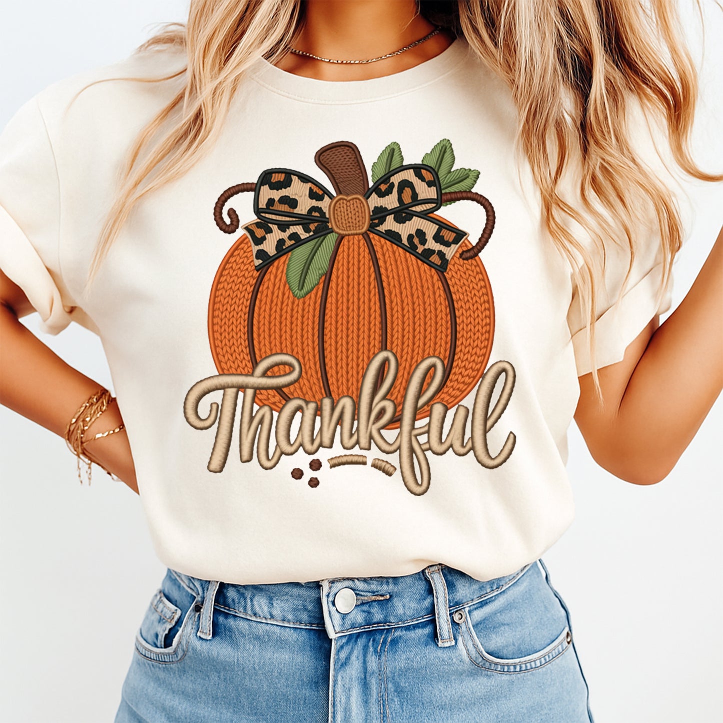 Fall Girly Thankful Yarn Crochet Pumpkin DTF Transfer – Ready to Press Iron On Heat Transfer for DIY Thanksgiving Shirts 12316