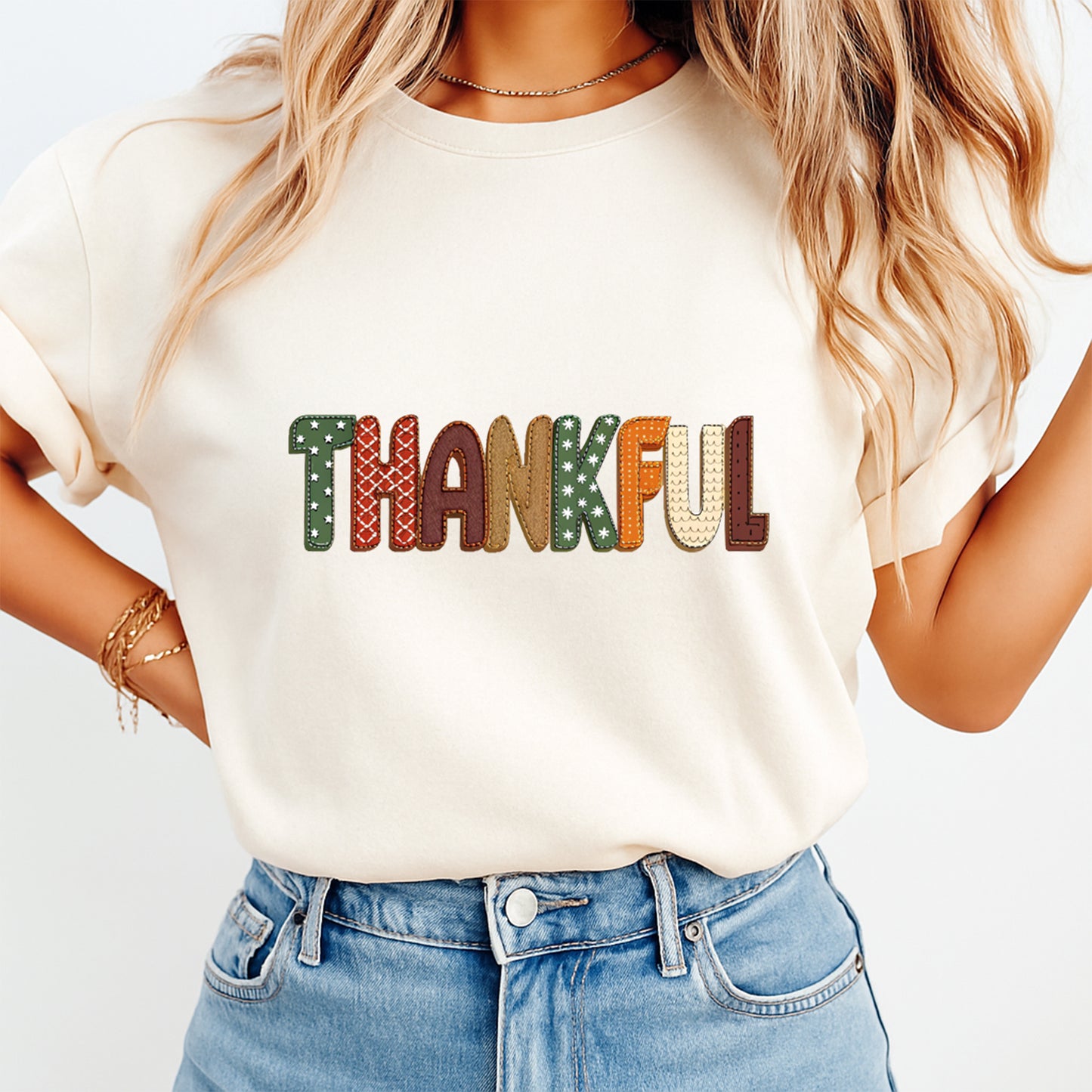 Fall Thankful Stitched Text DTF Transfer – Ready to Press Iron On Heat Transfer for DIY Thanksgiving Shirts 12323