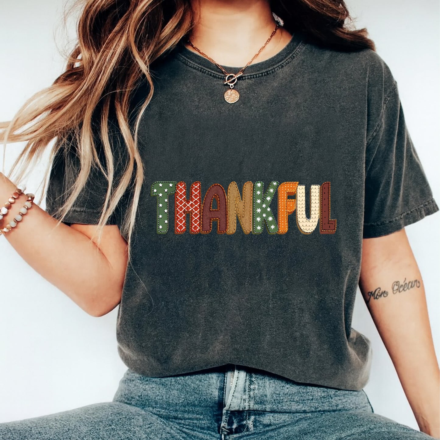 Fall Thankful Stitched Text DTF Transfer – Ready to Press Iron On Heat Transfer for DIY Thanksgiving Shirts 12323