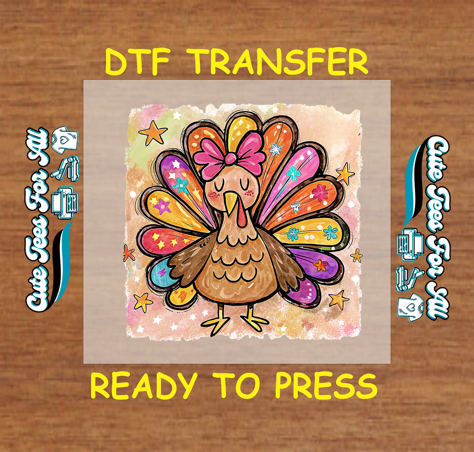 girly colorful turkey with bow thanksgiving ready to press dtf iron on fall transfer
