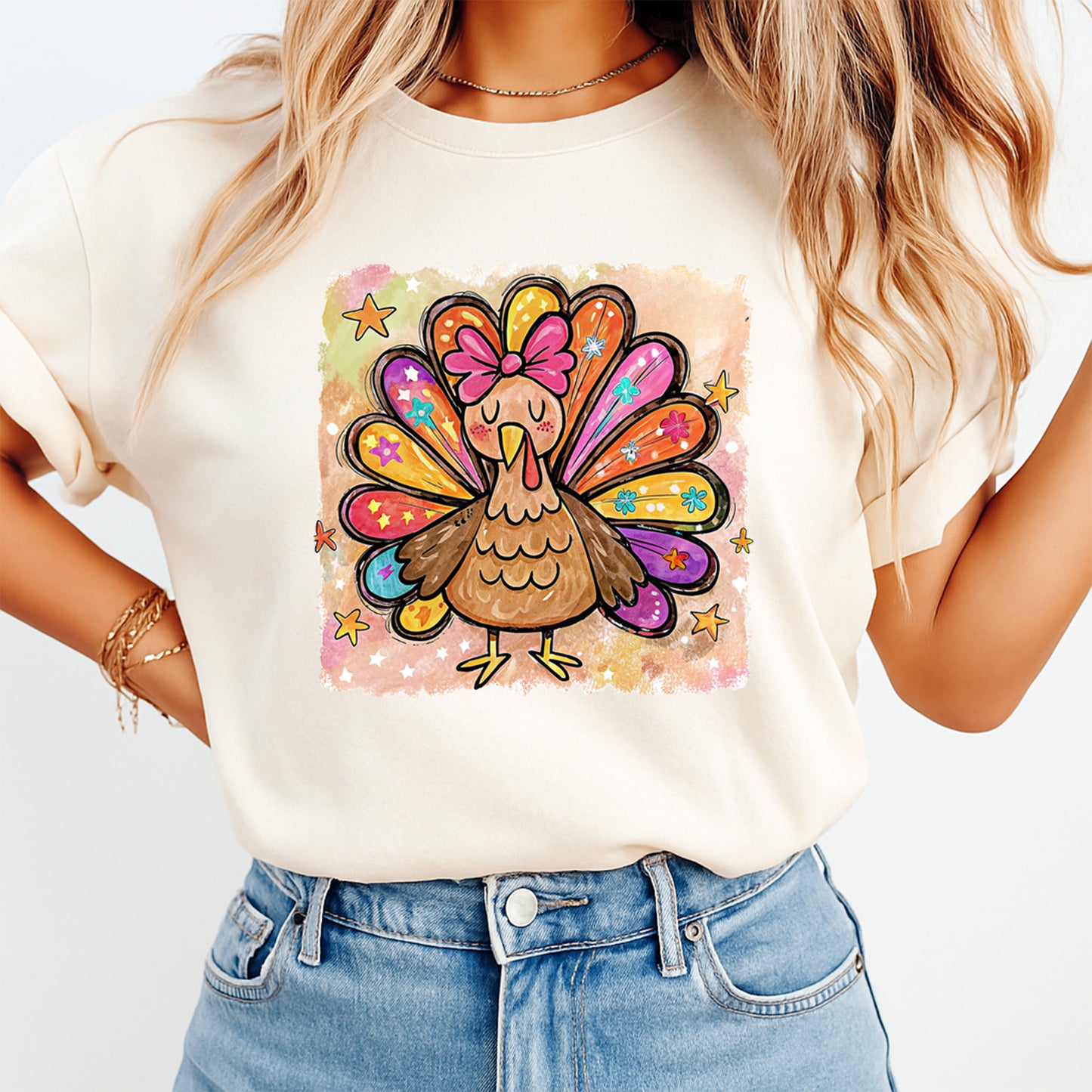 Thanksgiving Girly Colorful Turkey DTF Transfer – Ready to Press Iron On Heat Transfer for DIY Fall Thanksgiving Shirts 12326