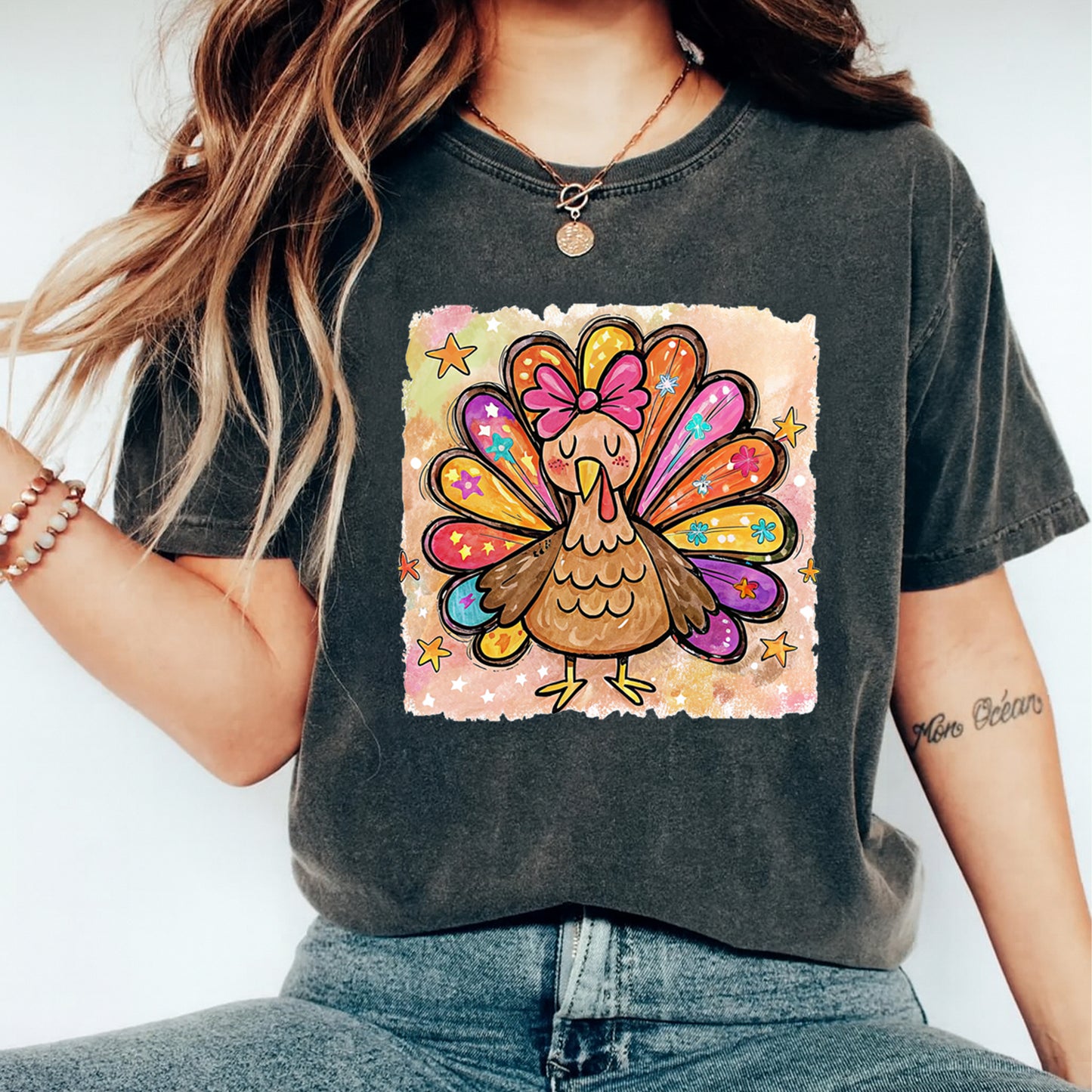 Thanksgiving Girly Colorful Turkey DTF Transfer – Ready to Press Iron On Heat Transfer for DIY Fall Thanksgiving Shirts 12326
